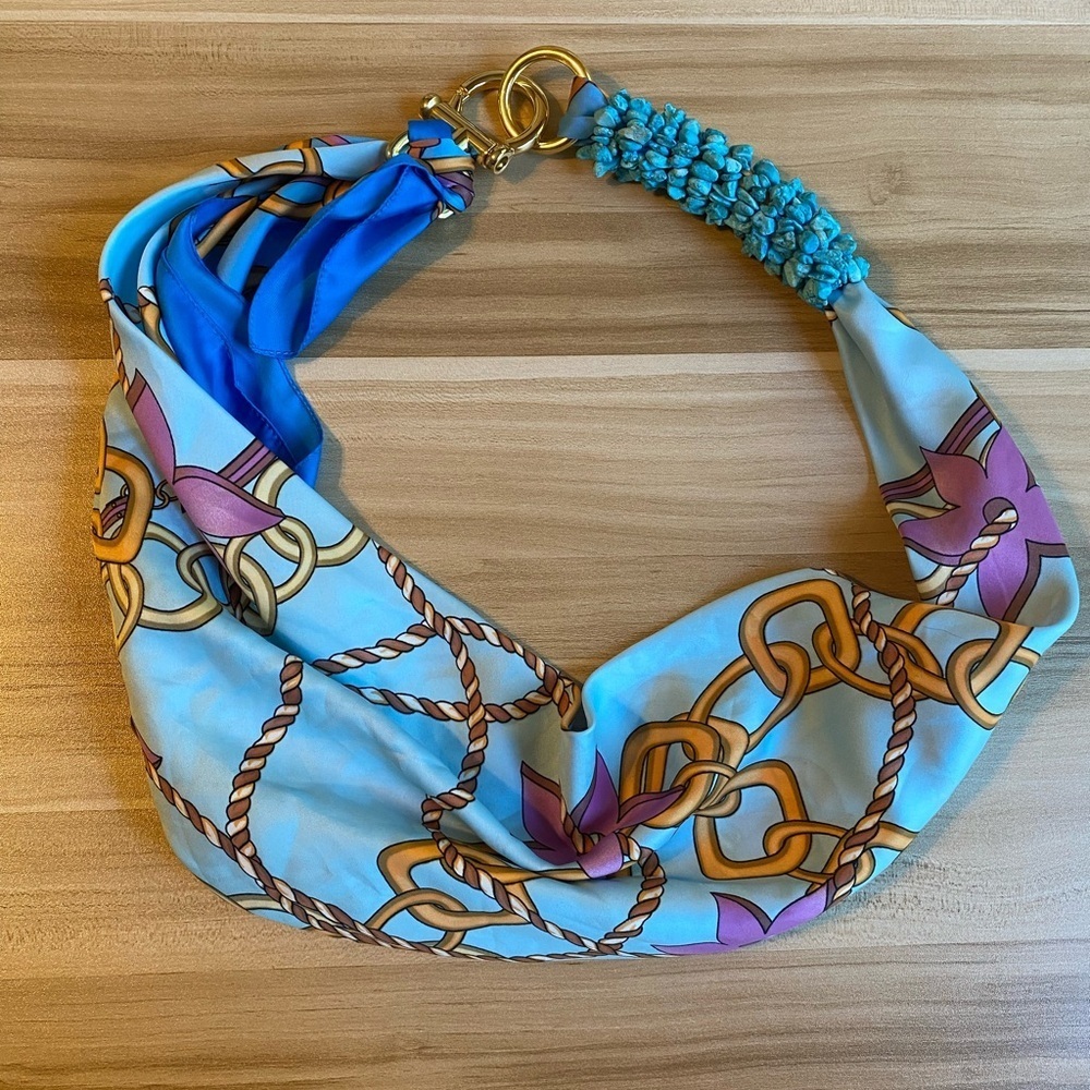 Italian Purse Scarf Beaded Handbag Handle Strap Gold Turquoise Nautical Blue
